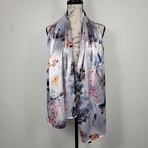 Women's Silver Metallic Gray Floral Design Silk Feel Polyester Scarf 62x28 Inch